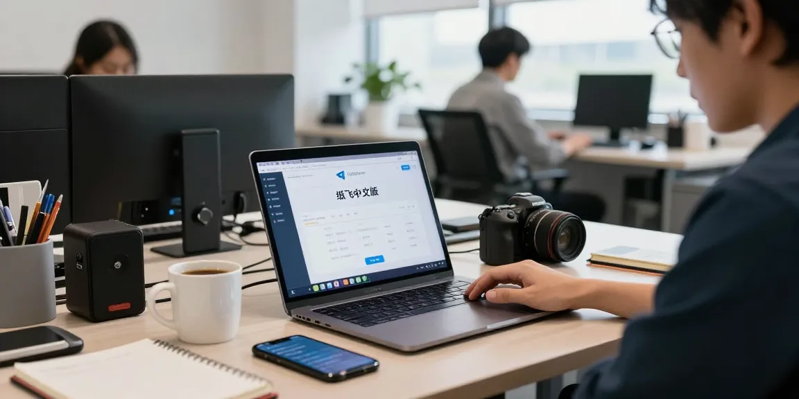 Focused individual using 纸飞机中文版 on their laptop in a modern tech workspace.
