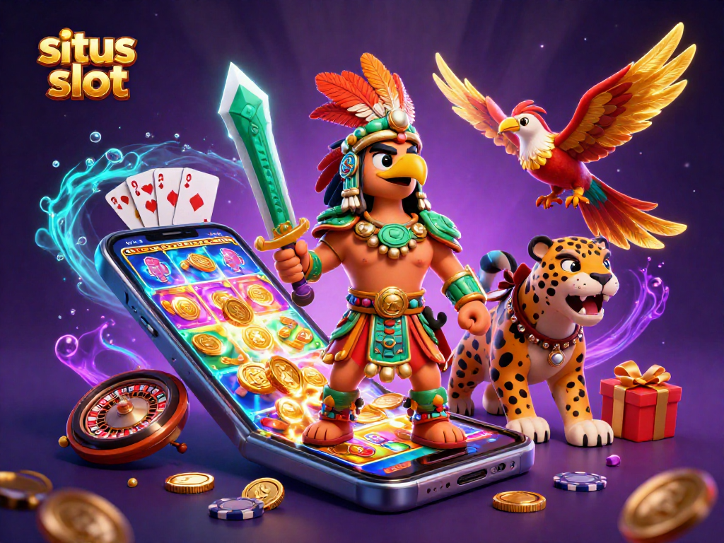 Slot penuh semangat menampilkan situs slot dengan karakter pejuang Aztec dan elemen permainan lainnya.
