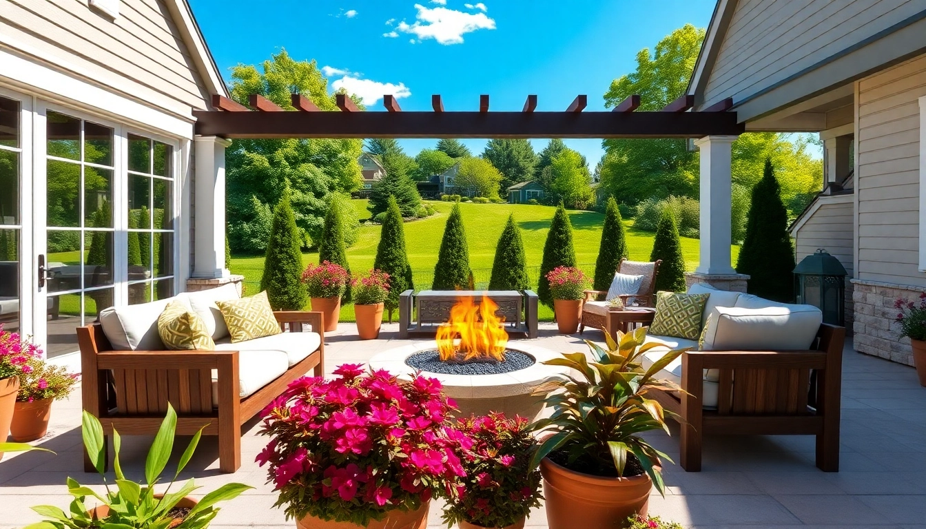 Elevate your Wellesley Outdoor Living with a stylish patio adorned with lush plants and a welcoming fire pit.