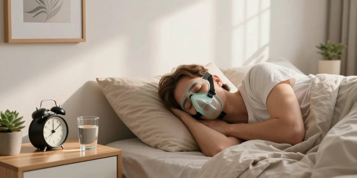 Person using a cpap mask while peacefully sleeping in a serene bedroom.