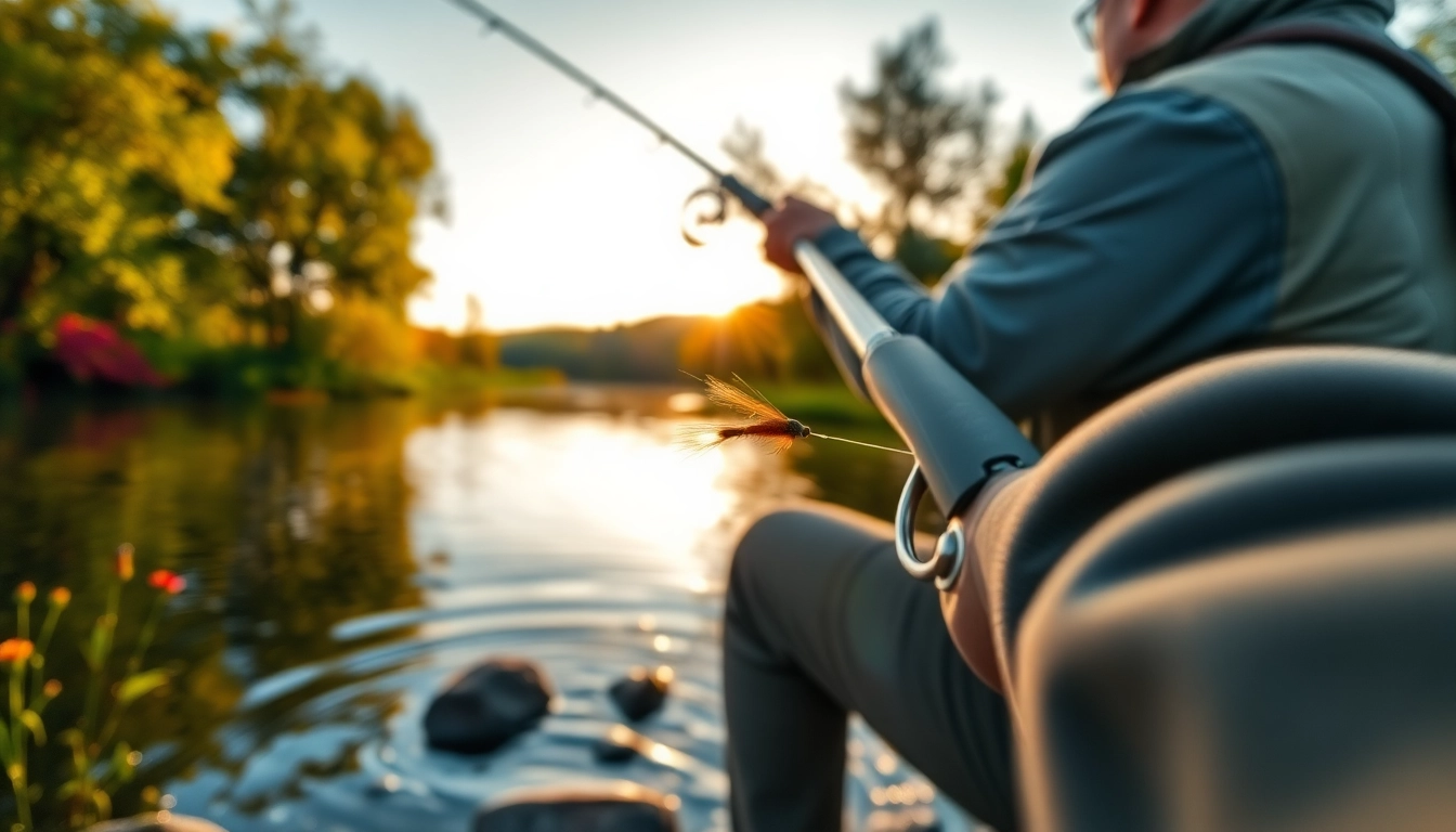 A fly fishing tippet showcases an angler casting a line at sunrise on a tranquil lake.