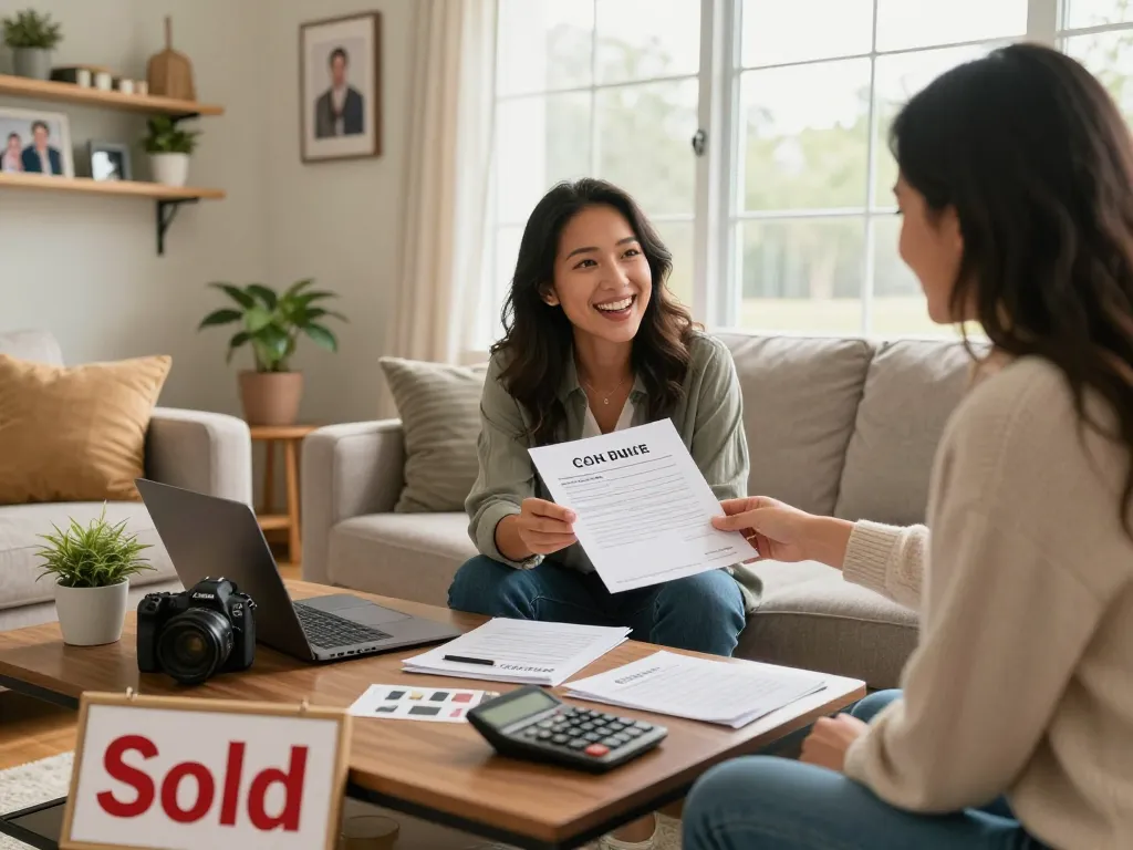 We buy houses for cash offer presented to excited homeowner in cozy living room.