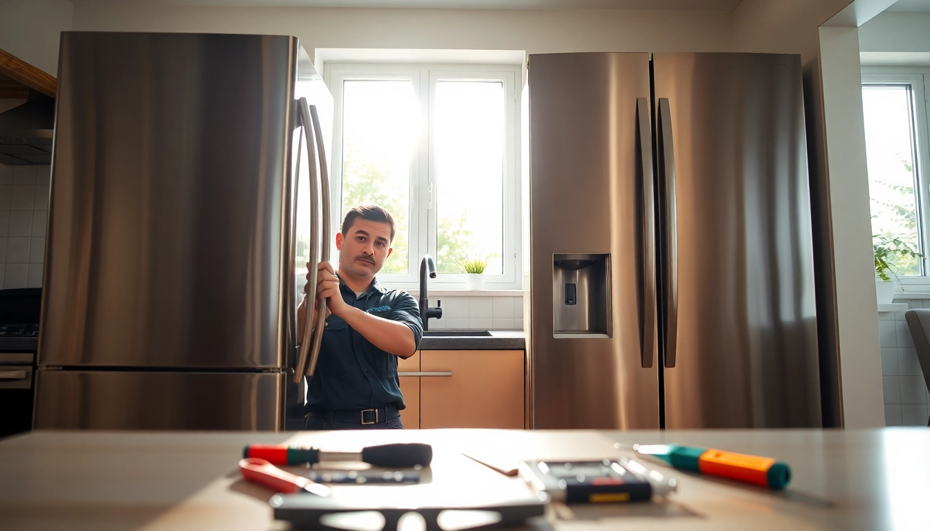 Technician handling refrigerator repair in Ottawa, highlighting experienced service and modern tools.