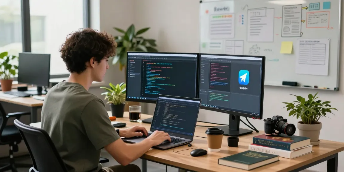 Developer coding Telegram中文版 in a modern office setup with dual monitors, showcasing productivity and technology.