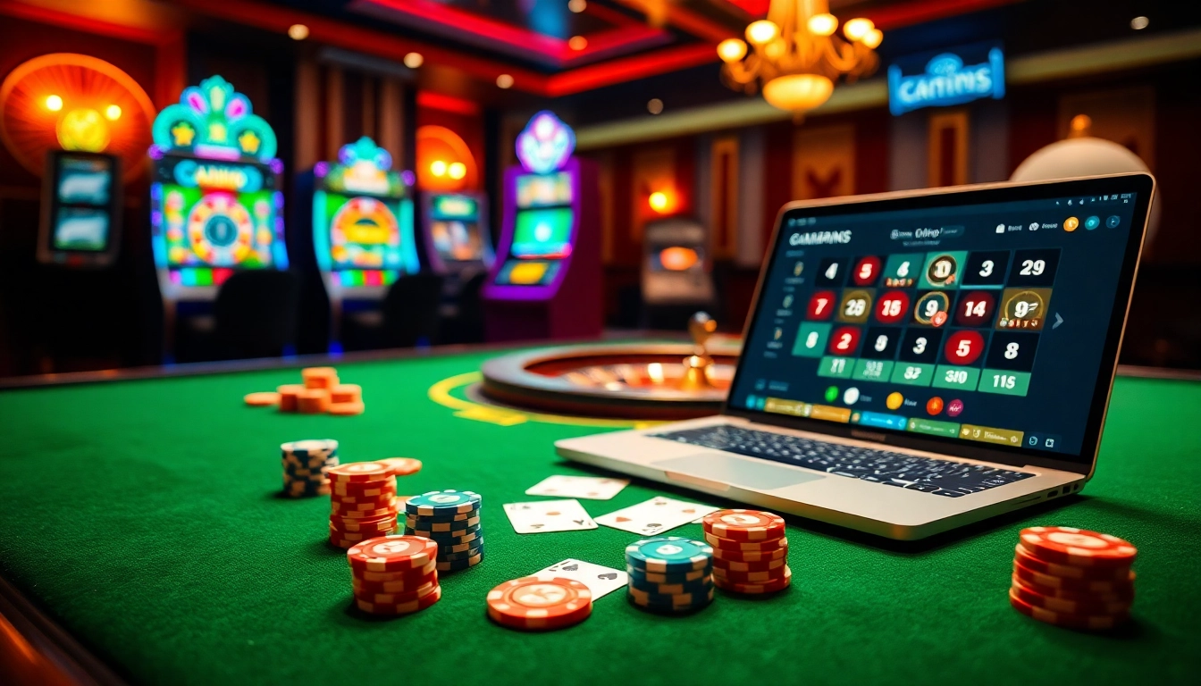 Vivez l'excitation des casinos en ligne avec des jetons de poker et une roulette dans un cadre luxueux.