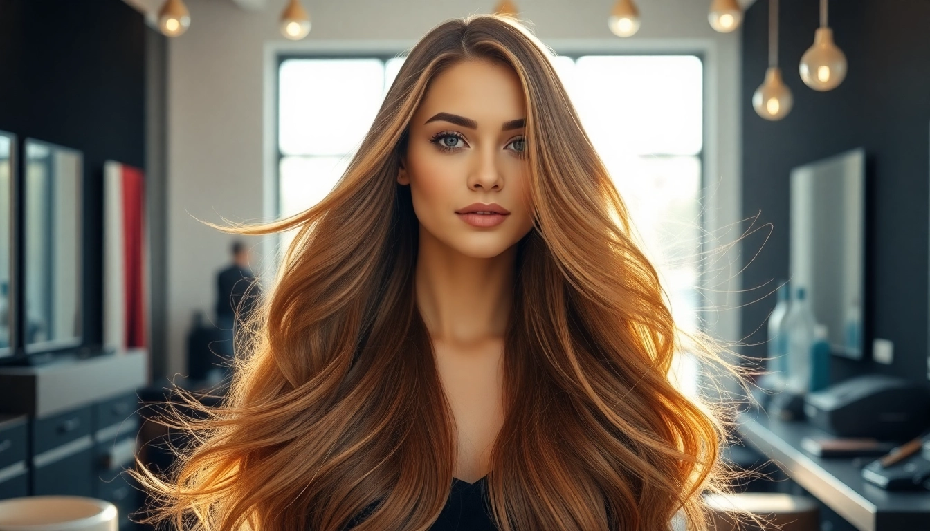 Model styling genius weft hair extensions in a chic salon showcasing flawless hair transformations.