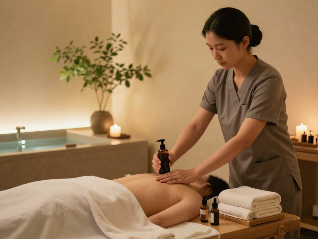 Relaxation space for 은평구출장마사지 with calming elements and a therapist preparing massage oils.