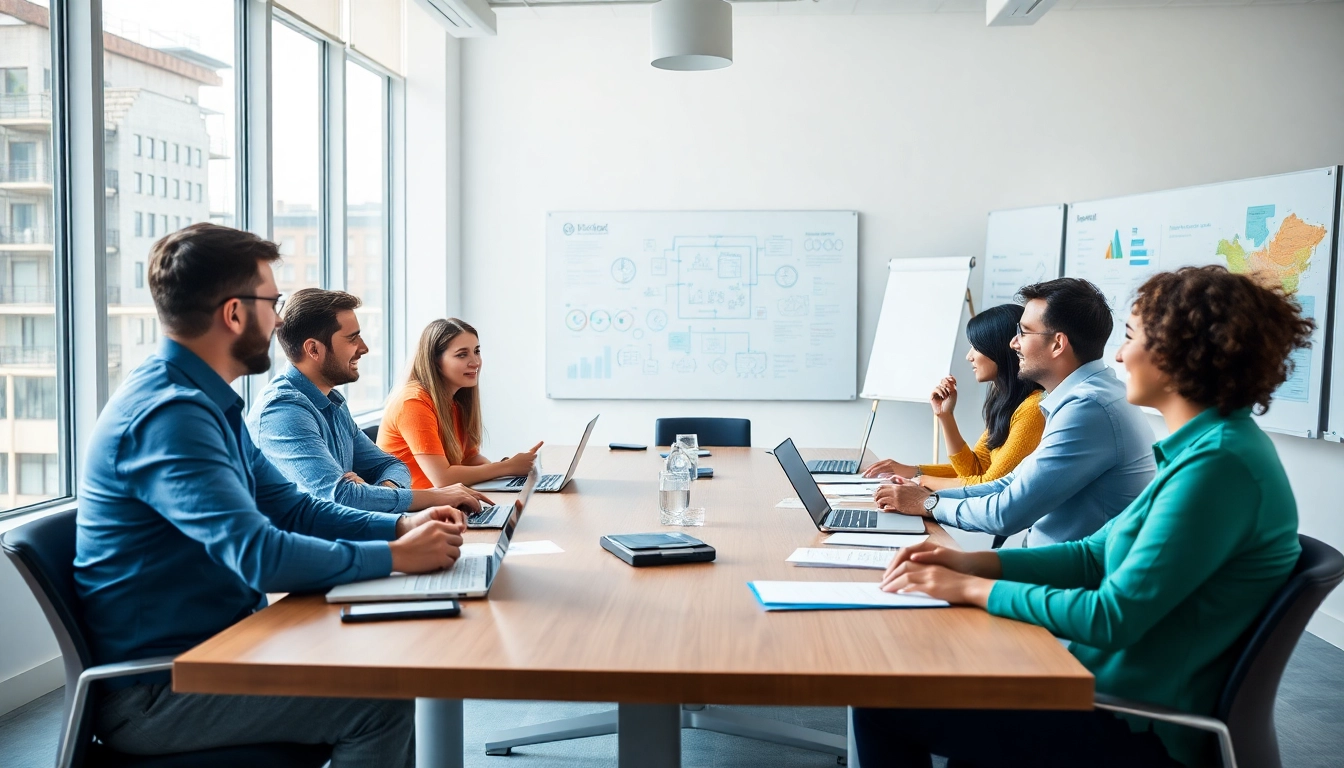 Team engaging in change management consulting with vibrant visuals and collaborative atmosphere.