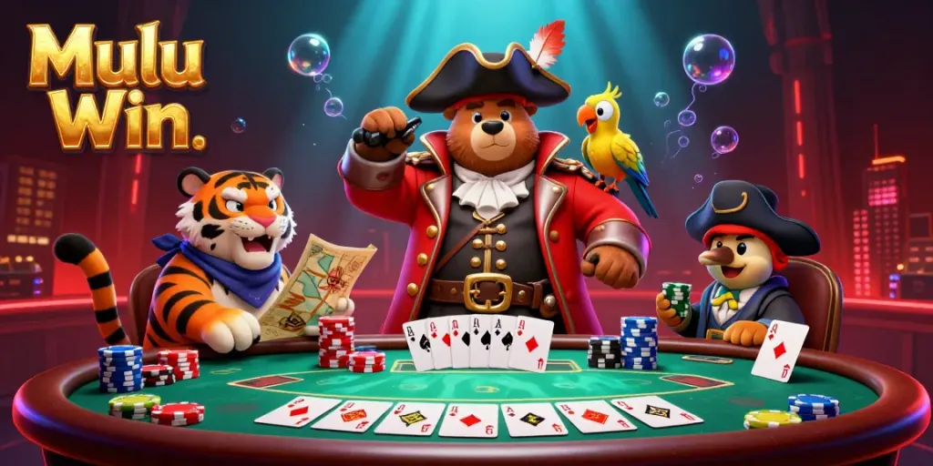 Mulu Win showcases an exciting 3D gambling scene with a cartoon bear, tiger, and parrot around poker elements.