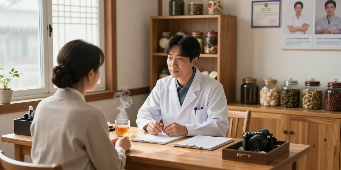 Consultation at 영통한의원, showcasing a doctor providing personalized care in a traditional Korean medicine clinic.