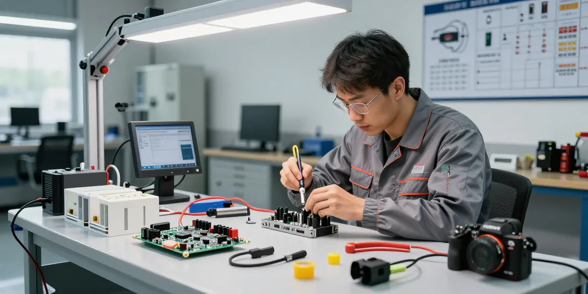 Technician assembling heavy duty waterproof electrical connectors in a bright automotive workspace.