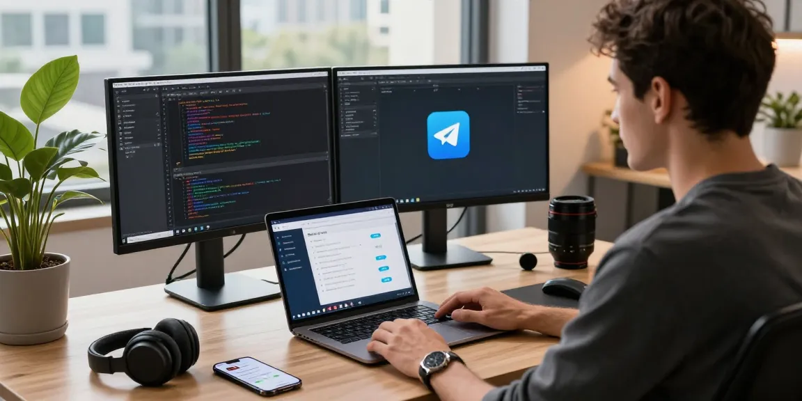 Developer using 纸飞机中文版 in a modern workspace, showcasing tech productivity with dual monitors.
