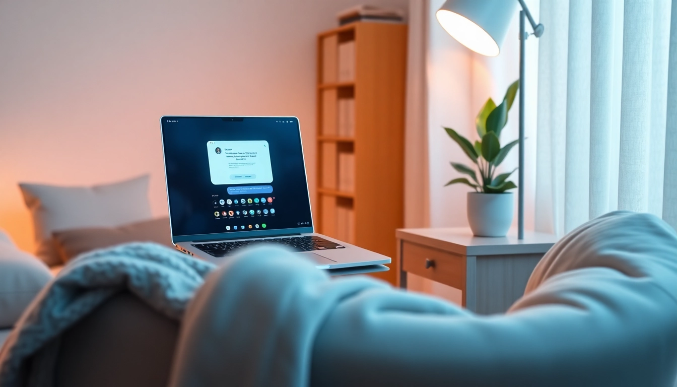 Engaging scene of ai sexting between user and AI chatbot in a cozy home office.