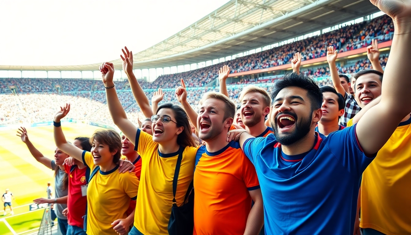 Cheerful fans showing support for their teams while wearing discount football shirts.