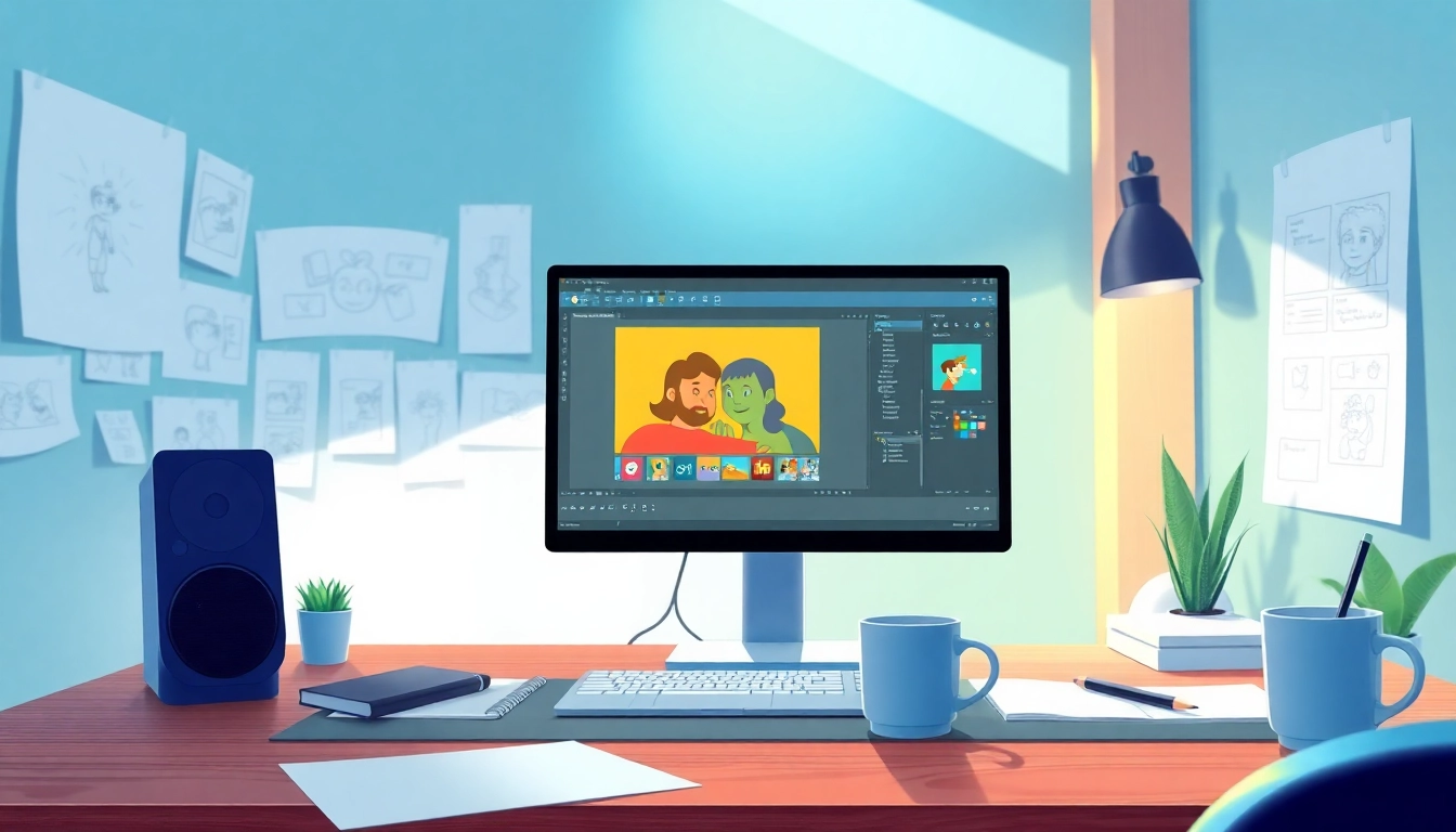 Erstellen von Animationen in einem kreativen Arbeitsumfeld mit modernen Technologie-Elementen.