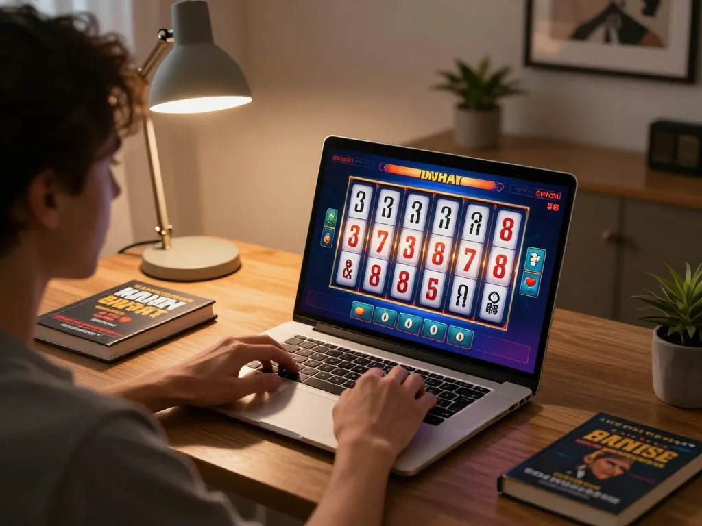 Engaging in Mahjong Slot gameplay on a stylish laptop in a cozy home office.