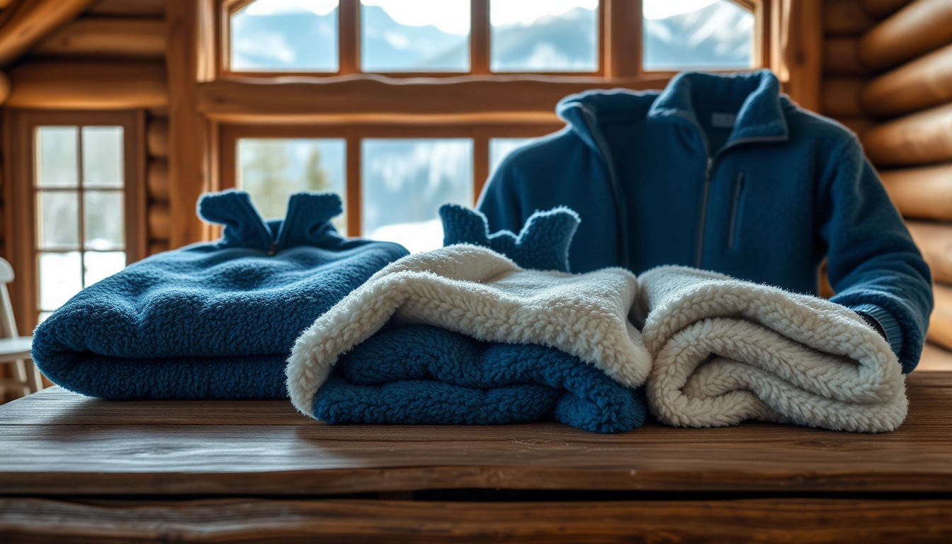 Bekijk fleece jassen in een gezellige cabine met een uitzicht op sneeuwvelden.