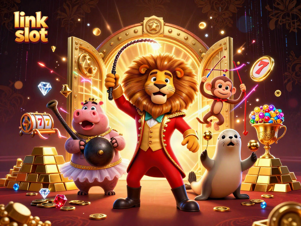 Experience the excitement of link slot games with a vibrant illustration featuring a circus-themed casino scene.