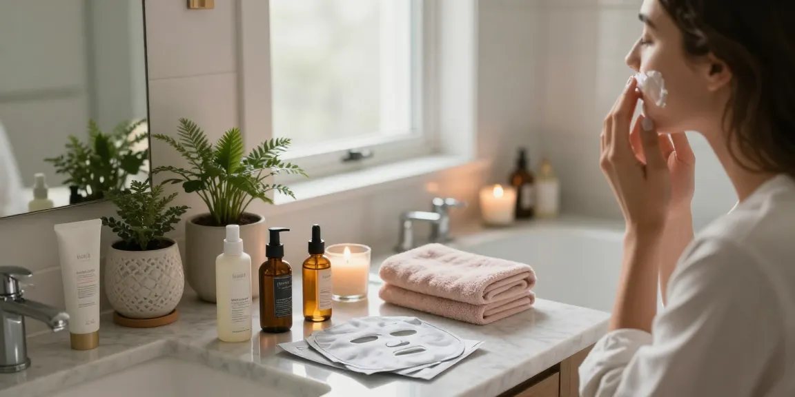 Aplicarea rutinei de îngrijire a pielii cu produse elegante într-o atmosferă confortabilă de baie.