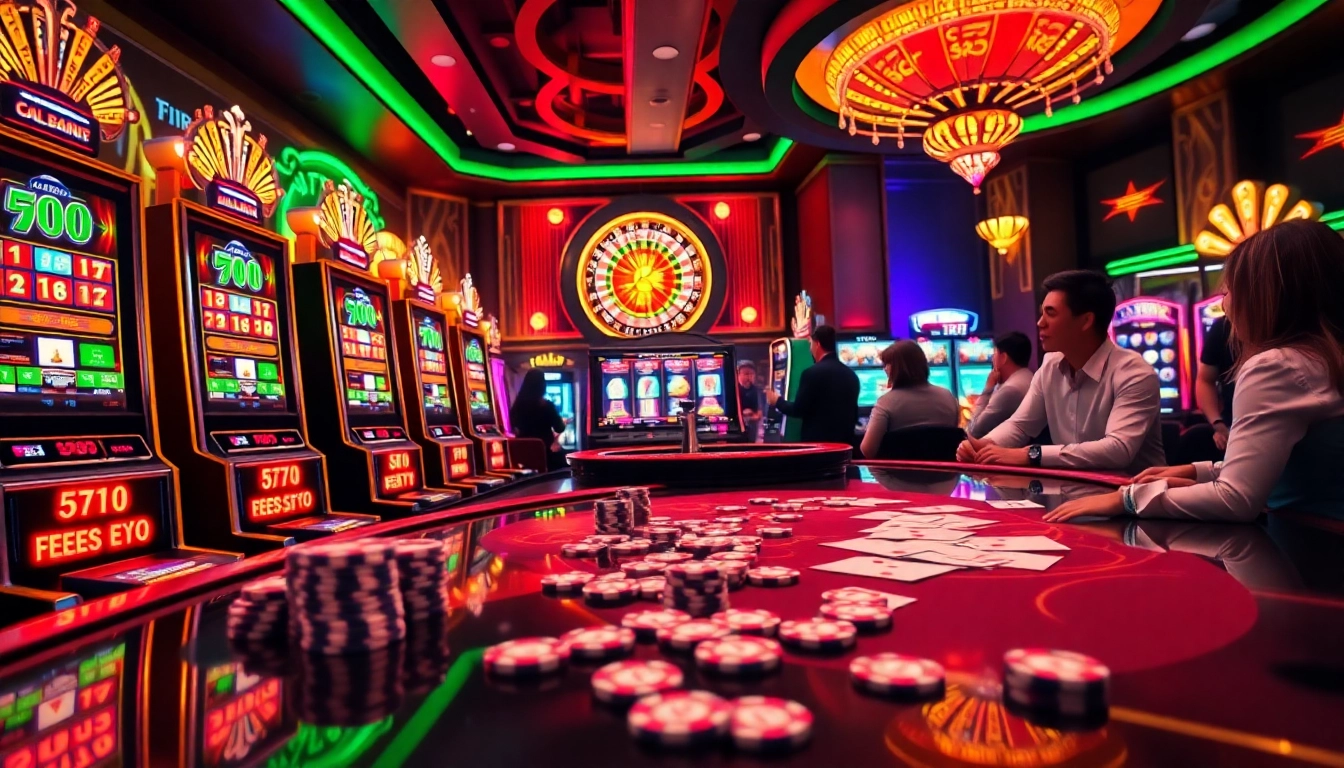 Para pemain menikmati slot deposit pulsa tanpa potongan dengan mesin slot yang berwarna-warni di lingkungan kasino mewah.