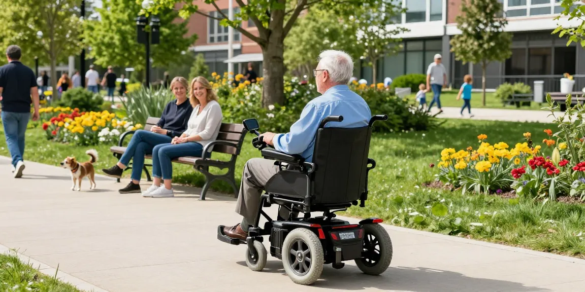 A senior man using a碳纖維電動輪椅 in a sunny park, showcasing mobility and independence.