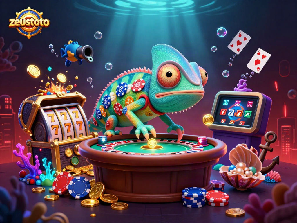 Engage with zeustoto's thrilling slots experience featuring colorful chameleon and dynamic casino scene.