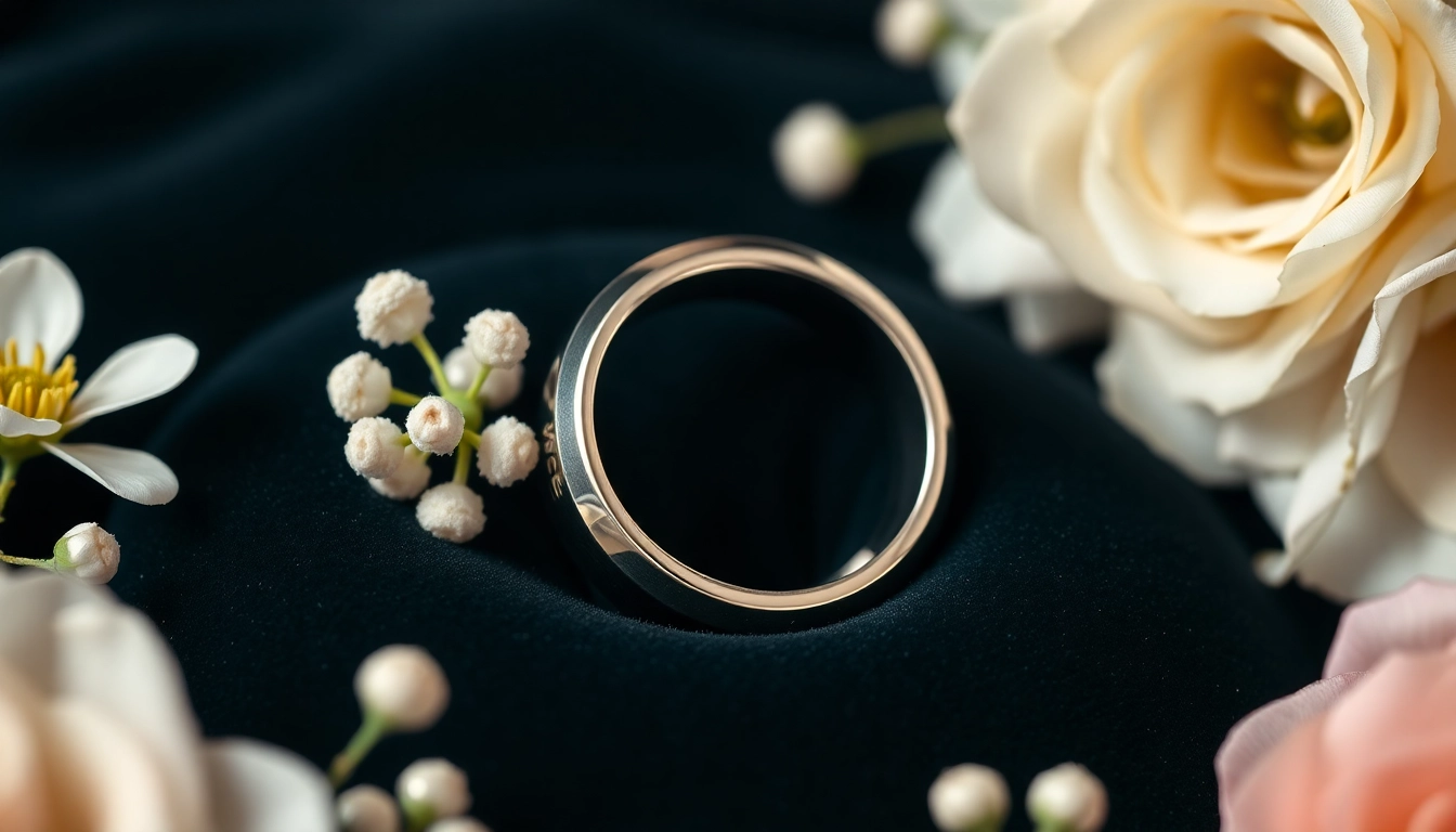 Admire tungsten wedding bands with intricate designs displayed elegantly on a velvet surface.