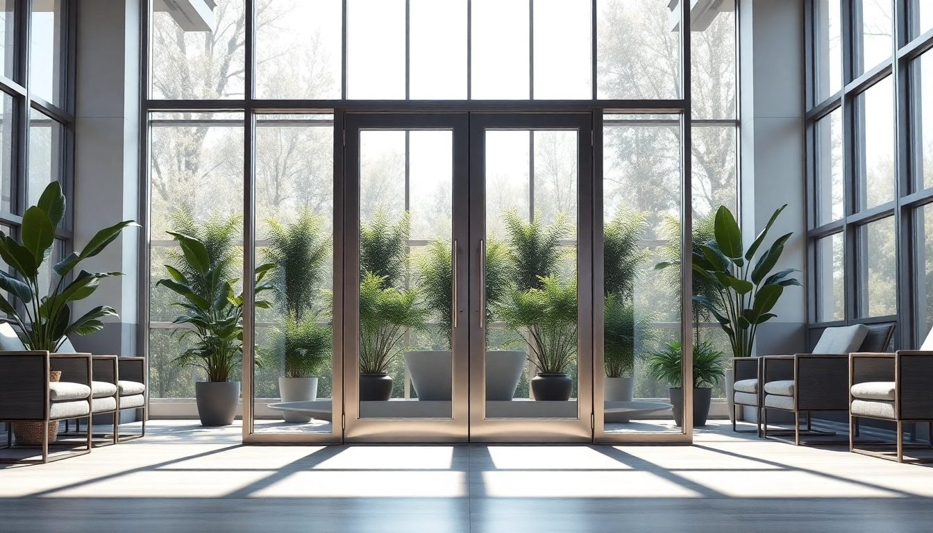 View of a modern single leaf double swing door showcasing its sleek design and functionality.