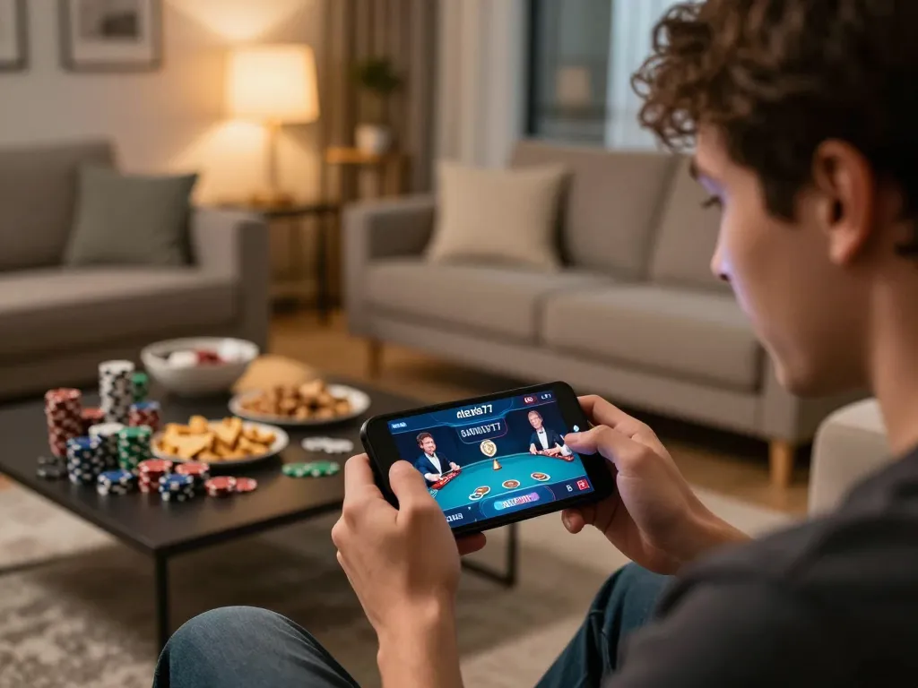 Player enjoying alexis77 gaming app on mobile, focused on live dealer show with poker chips visible.