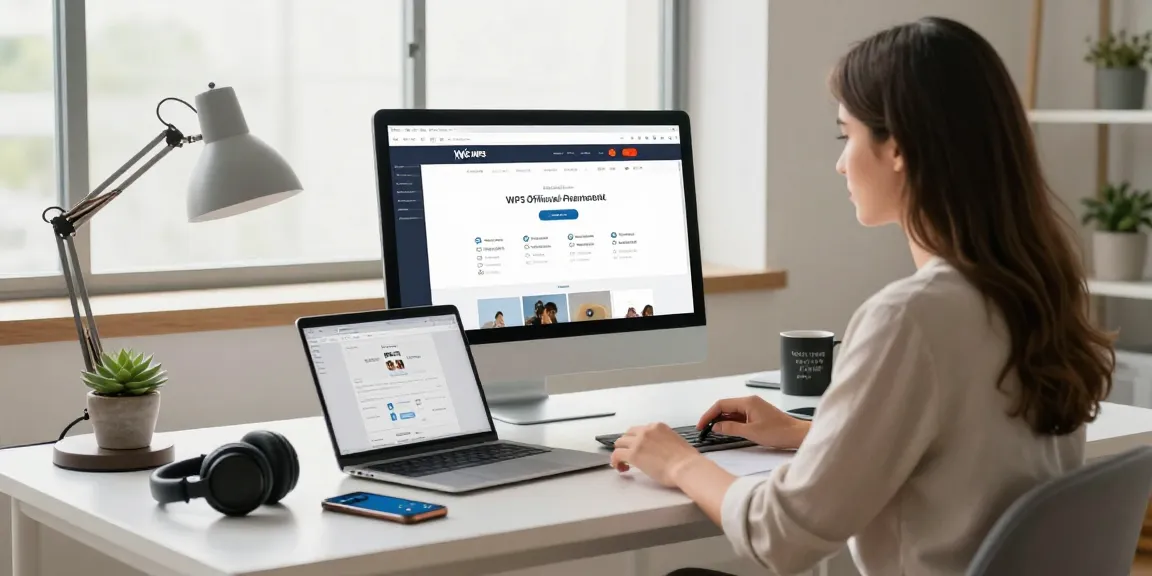 Professional woman utilizing the WPS Official Website in a modern home office setup.