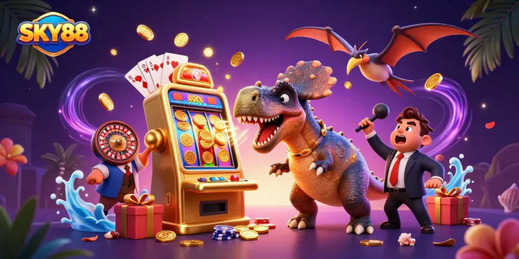 SKY88 features a dinosaur themed casino scene with a pachycephalosaurus activating a slot machine for a jackpot