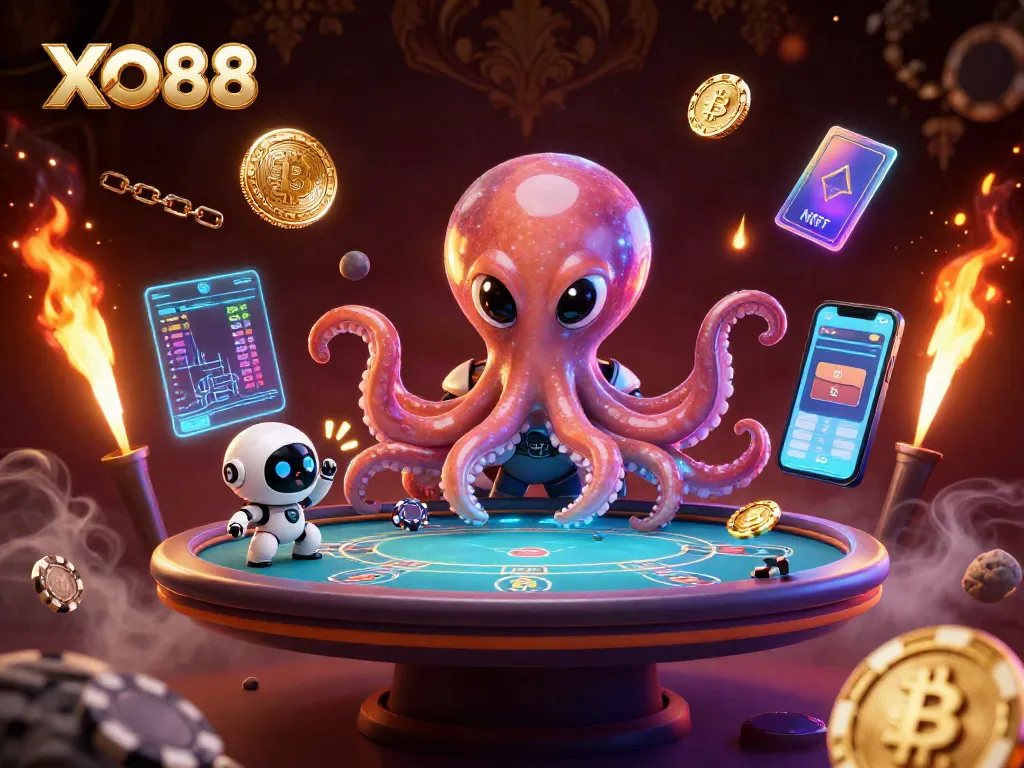 Engage in thrilling poker at XO88 with an alien octopus hosting an exciting game!