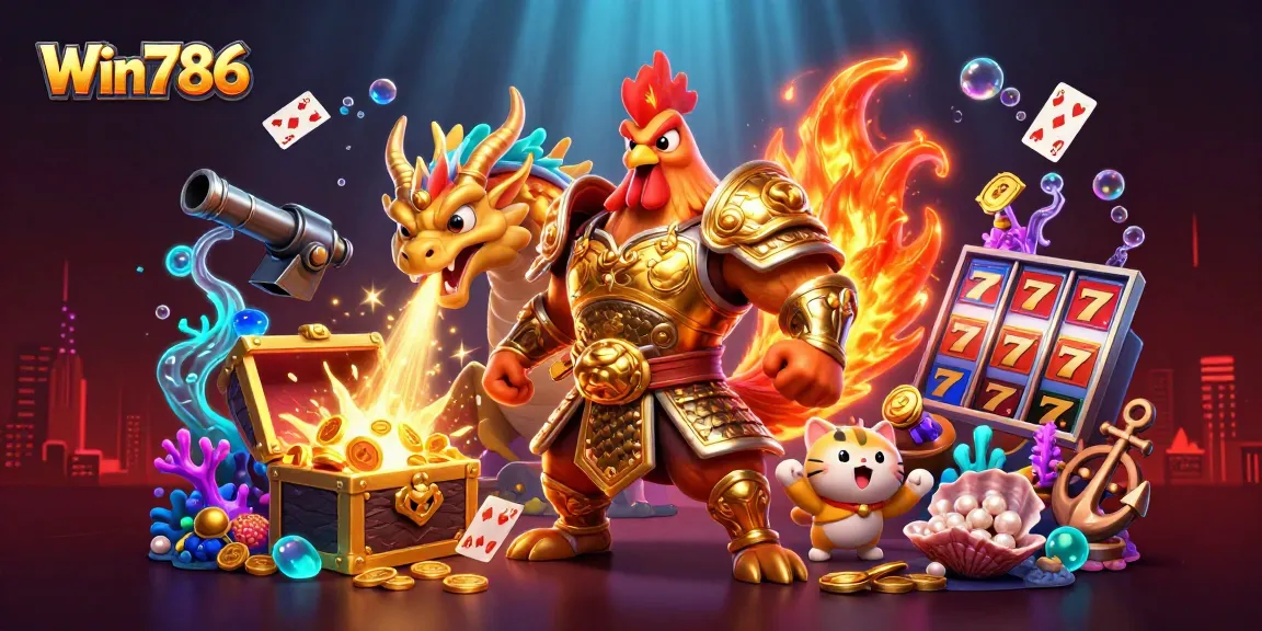 Win786 platform features powerful characters and rich casino elements in a vibrant 3D illustration, showcasing excitement.