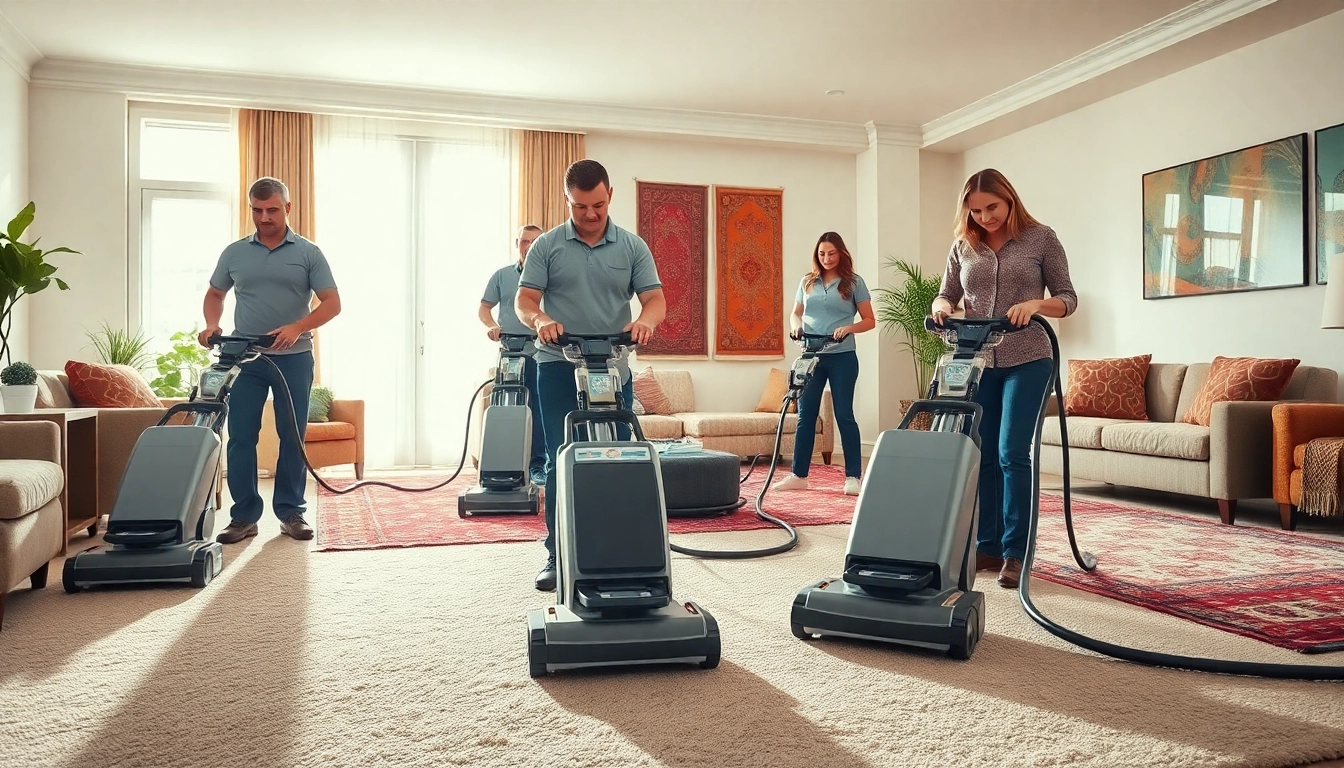 Carpet cleaning business team expertly cleaning carpets in a bright modern living room.