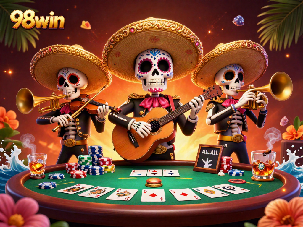 Experience the vibrant 98win casino atmosphere with a colorful mariachi band and poker elements.