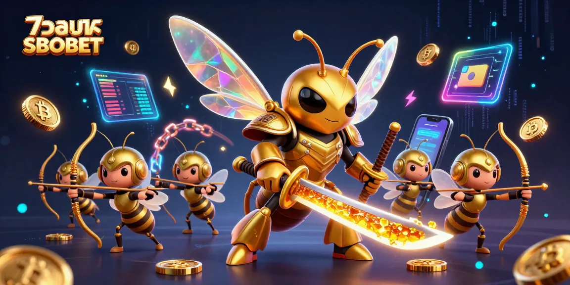 Engage in แทงบอล SBOBET with a vibrant illustration of a golden hornet warrior and bee archers amid dynamic crypto elements.