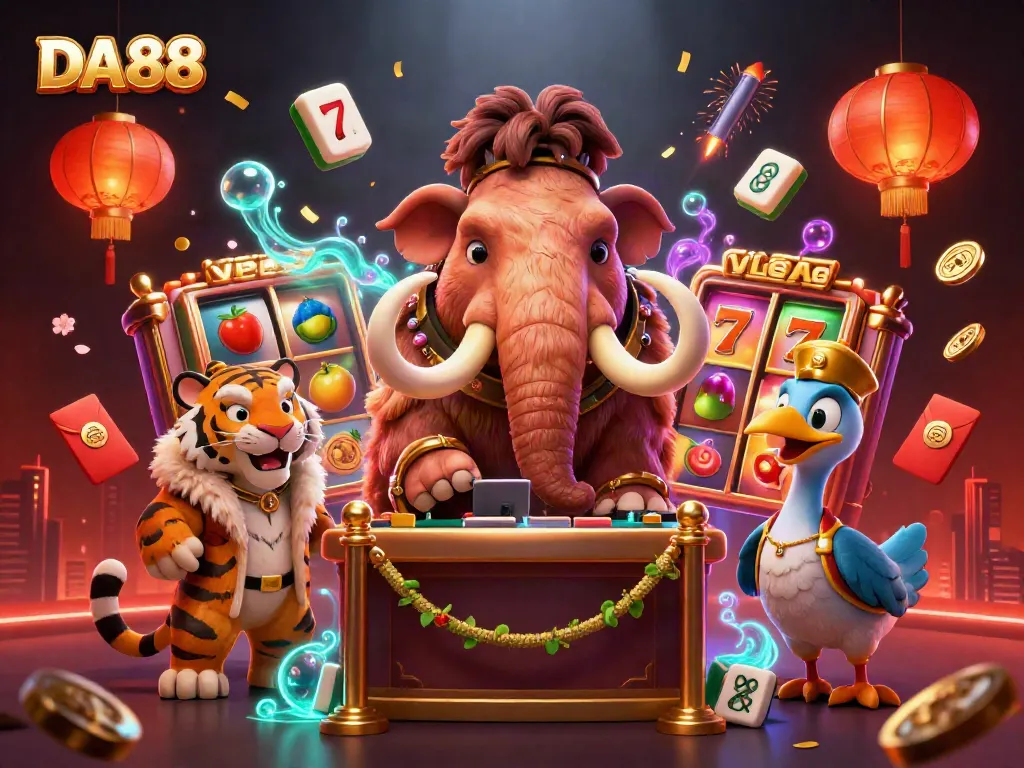 Win big with DA88 at this vibrant casino scene featuring colorful slot games and cartoon characters.