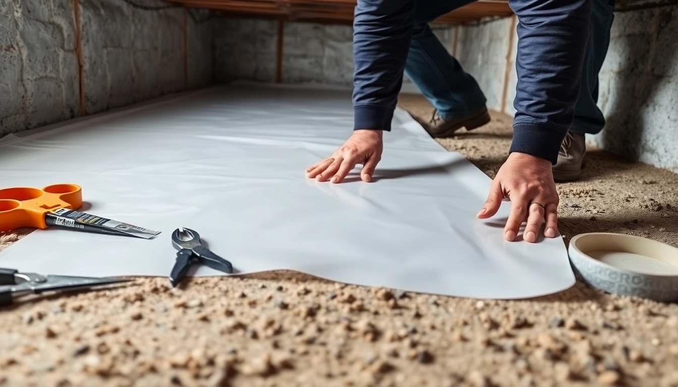 Vapor Barrier Installation in a crawl space by a skilled technician to prevent moisture damage.