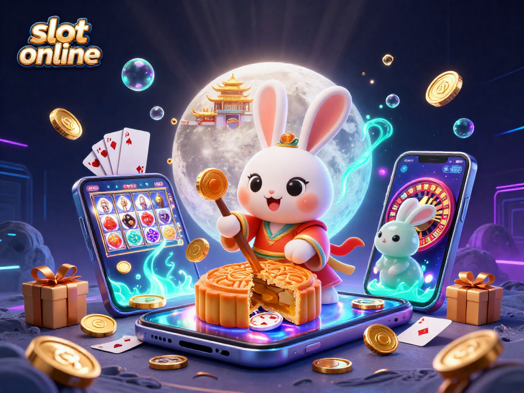 Experience thrilling gameplay with slot online featuring a moon rabbit and poker chips, dynamic casino elements, and glowing effects.
