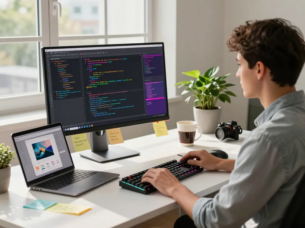 Developer coding with OpenClaw's interface on monitors in a modern workspace.