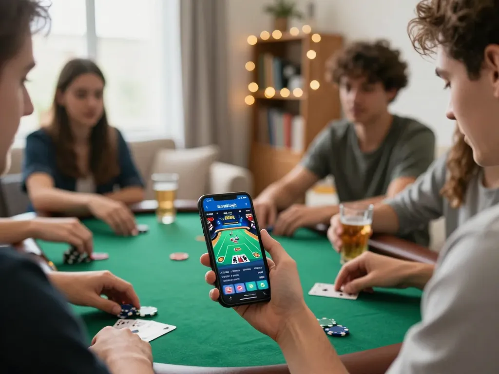 Friends enjoying online poker gameplay using the sunwinapk app in a cozy living room setting.