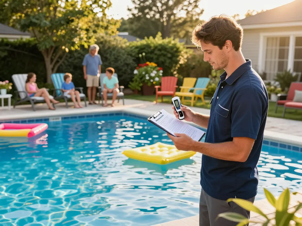 Dolphin Pool Services technician maintaining a sparkling pool in Virginia, promoting family-friendly care and expertise.