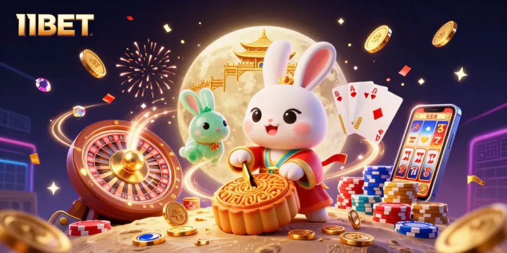 Win big with 11BET in a vibrant casino fantasy scene featuring a lucky moon rabbit and dynamic symbols.