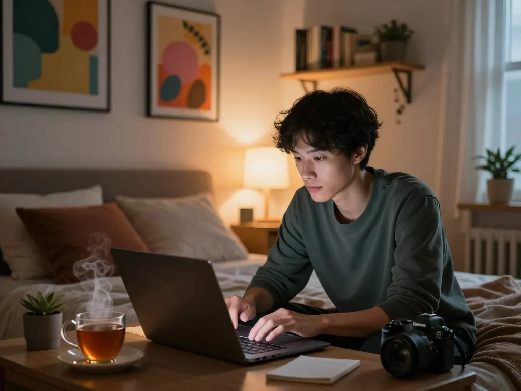 Engaging in a nsfw ai chat in a cozy bedroom with warm lighting and personal touches.