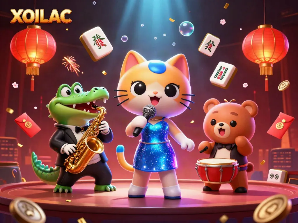 Experience XOilac live stream with a colorful jazz singer cat and playful casino elements in a vibrant scene.