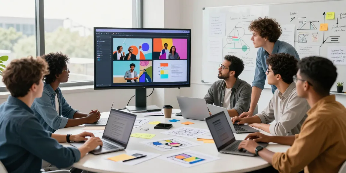 Team brainstorming on a digital mixboard in a vibrant creative workspace.