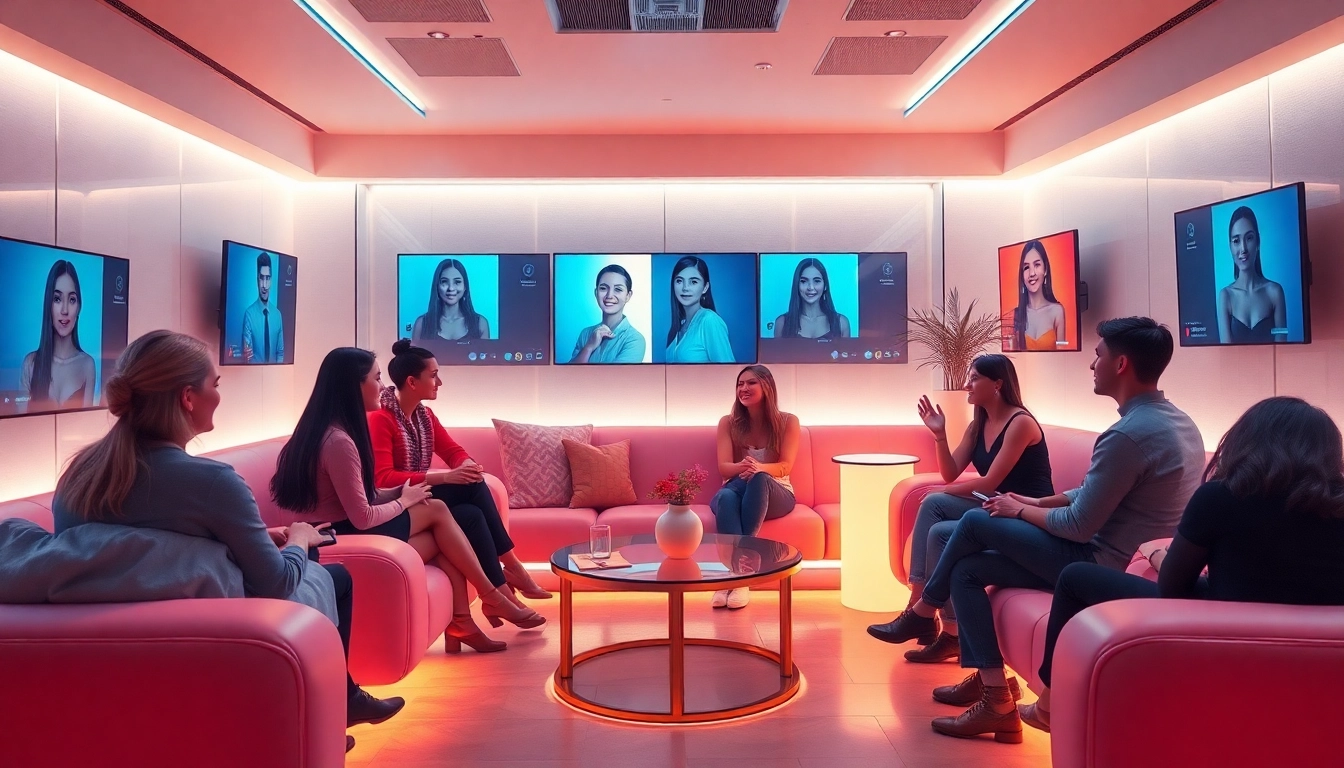 Engaged users in a cozy lounge enjoying sex chat ai interactions with vibrant digital screens.