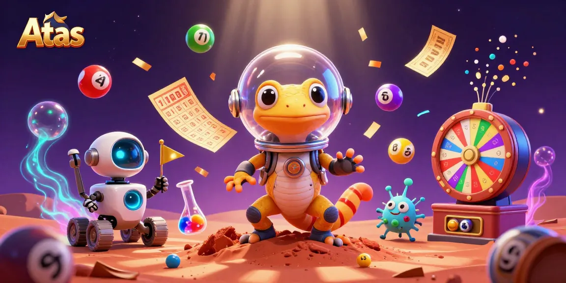 Atas casino scene with a Martian gecko exploring a golden casino amidst colorful bouncing lottery elements.