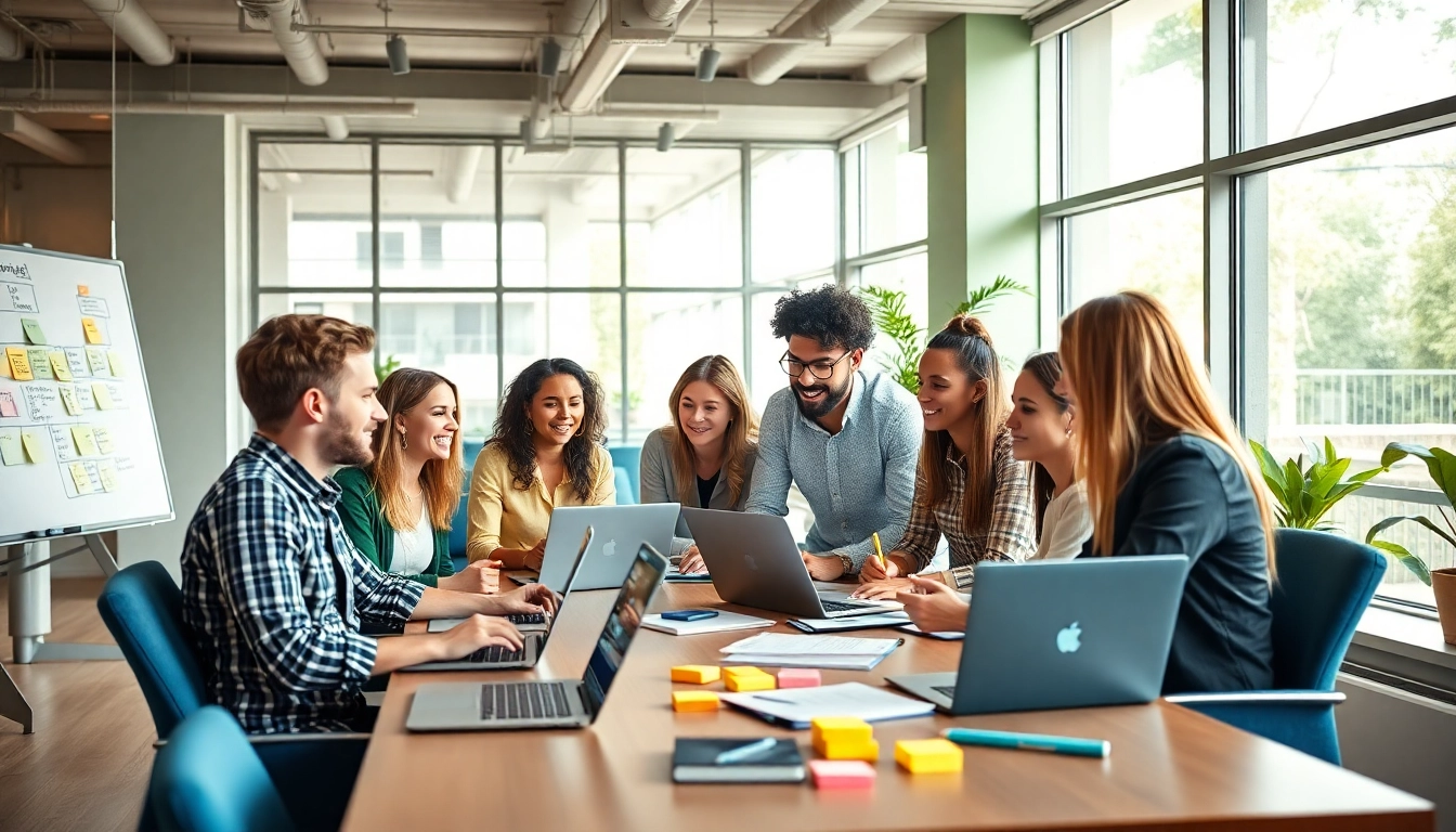 Engaging teamwork at agencia hubspot's office with bright lighting and modern designs.