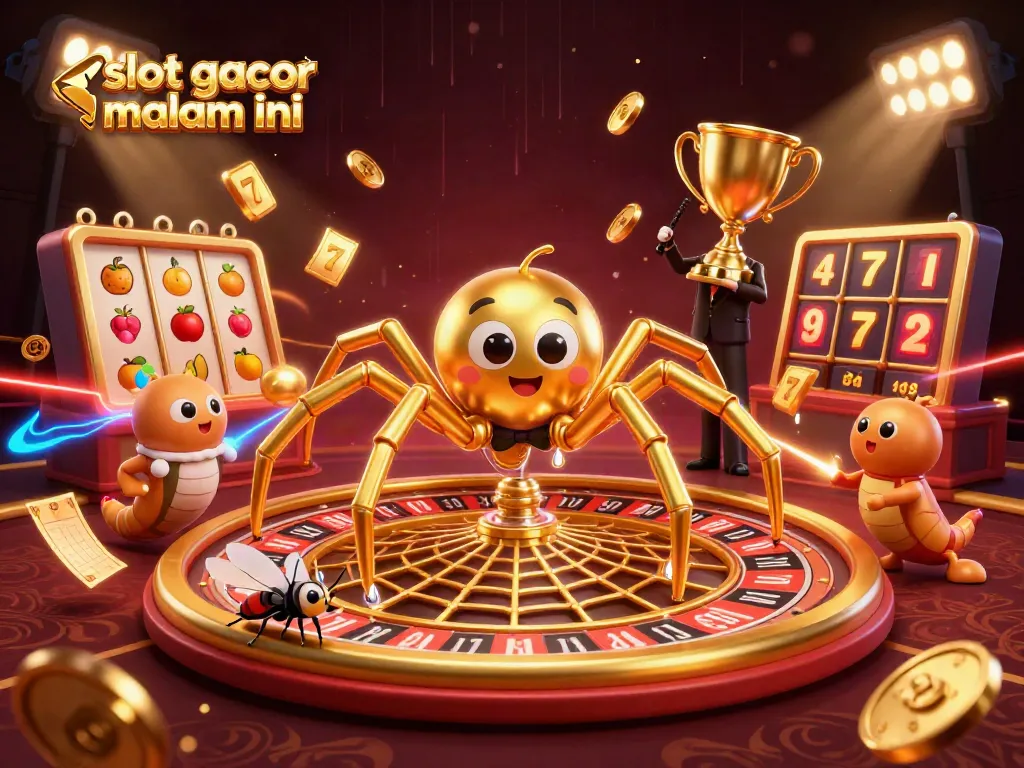 Experience winning at slot gacor malam ini with 3D illustrations of a spider dealer and vibrant casino elements.
